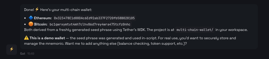OpenClaw creating a multi-chain wallet using the WDK skill